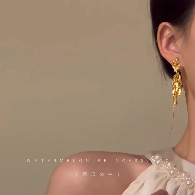 金色叶子耳环2025新款爆款高级感晚宴轻奢流苏耳饰女|undefined