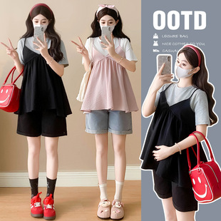 Real Shot in stock New Pregnant Women Summer Loose Slimming Fashion All-match Sweet Age-reducing Trendy Mom Top