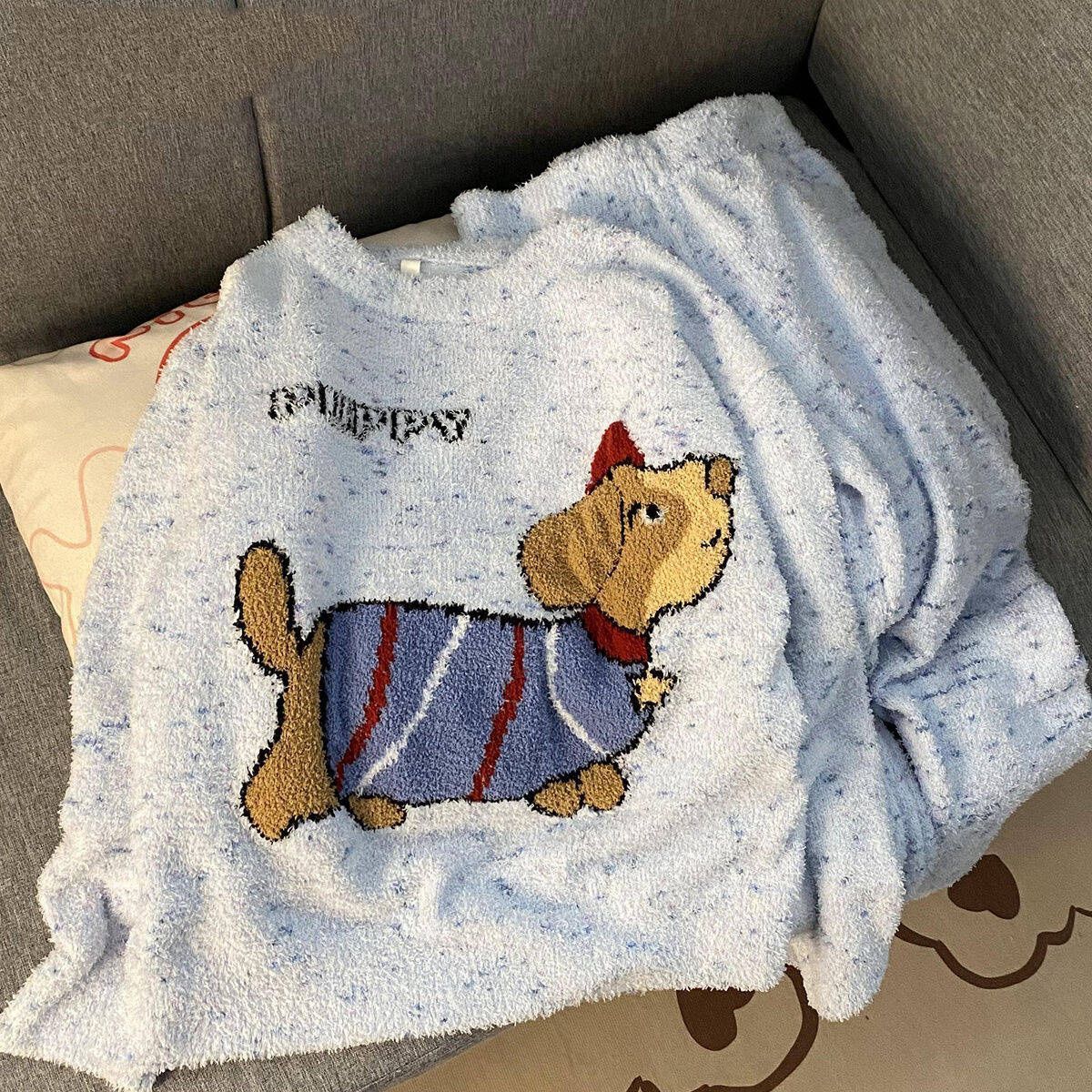 Al por mayor transfronterizo colorido mitad de lana azul KT pijama gato niña gruesa pantalones de manga larga suave conjunto de ropa para el hogar