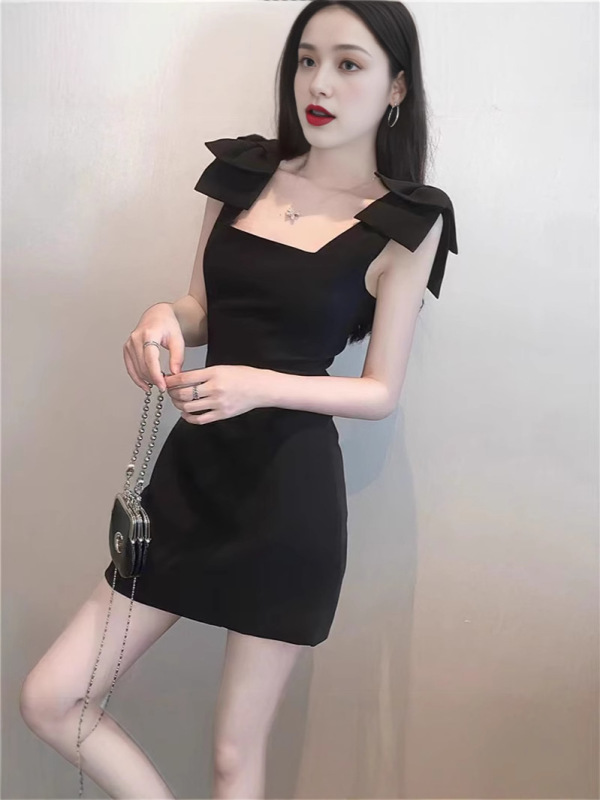 无袖法式蝴蝶结吊带黑色连衣裙2025夏季收腰女神气质小礼服裙子女|undefined