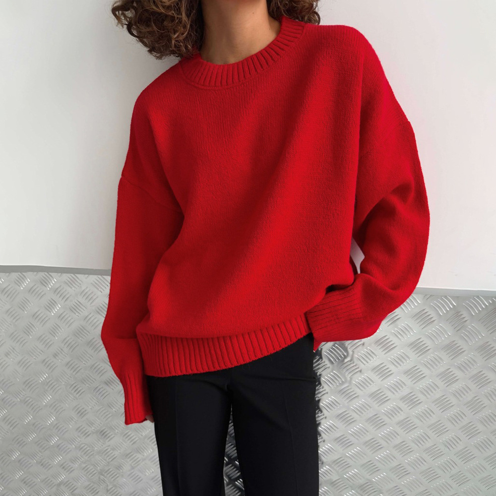 Casual transfronterizo camiseta de punto de cuello redondo Europa y los Estados Unidos 2026 otoño y invierno nuevo suéter de manga larga relajado estilo de hombro perezoso