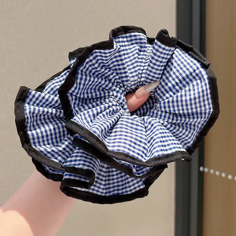 Tela de doble capa de lazo para el cabello de intestino grueso a cuadros azules, estilo coreano perezoso, lazo para el cabello retro, temperamento, tocado de goma