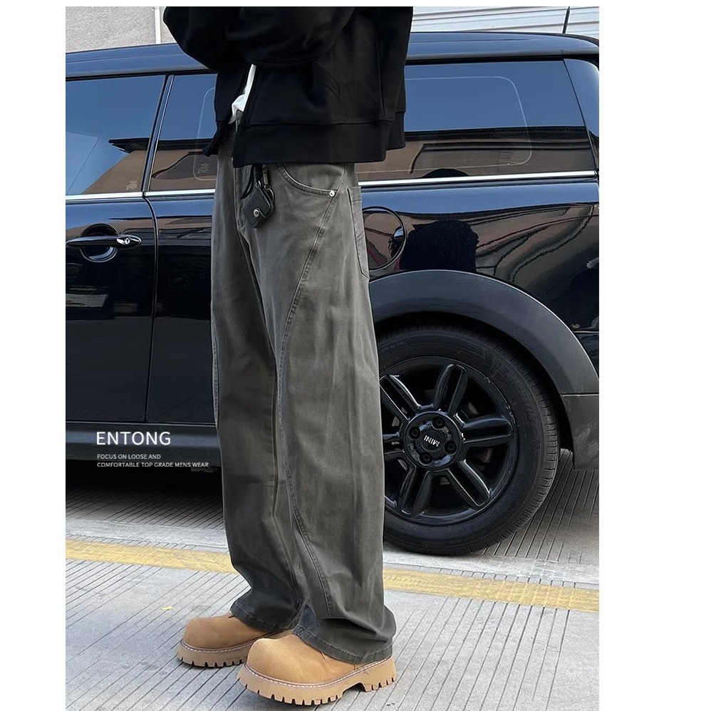 Men's Trendy High Street Distressed Patchwork Cargo Pants American Street Style Loose Straight Leg Casual Trousers_mkmklike.com