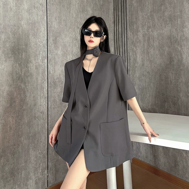 Рекордная розовая брошь дымчатый серый стример без воротника пиджак женский летний короткий рукав свободный темпераментный костюм