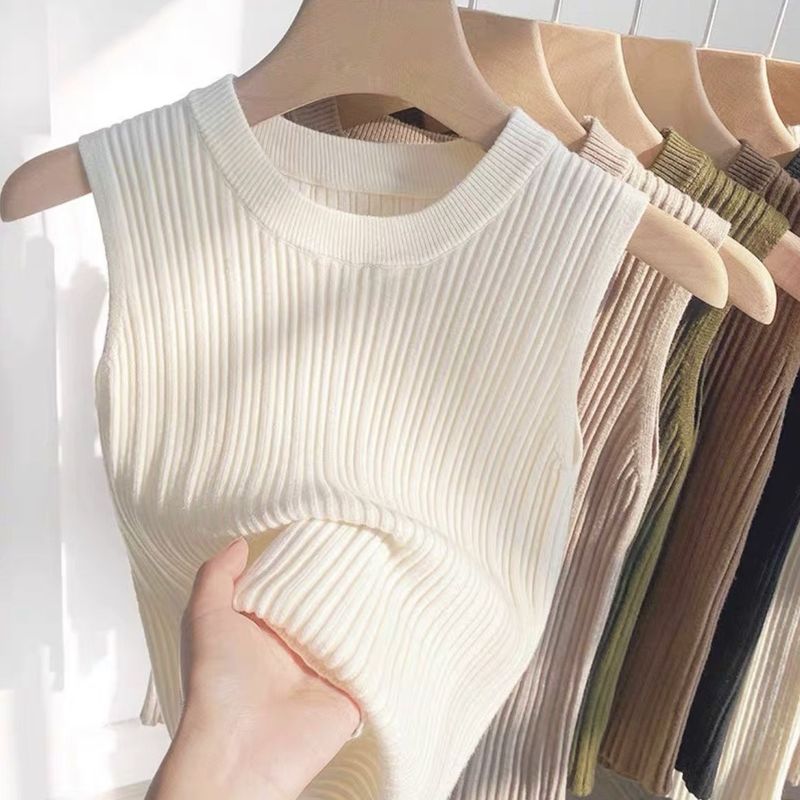Knitted Small Vest Women's New Style Chic Design Crewneck Autumn and Winter Inner Cover Breast Base Outer Wear Top