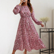 外贸跨境欧美亚马逊新款牛奶丝秋冬裙子女装长袖碎花裙高腰连衣裙