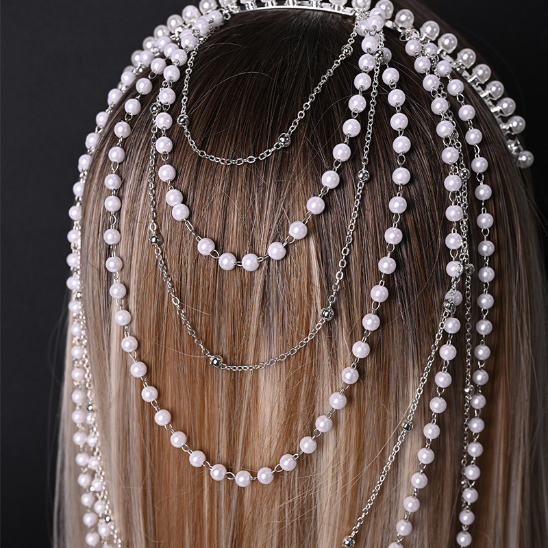 Europa y los Estados Unidos venden perlas en caliente, banda larga, cadena de cabello multicapa, accesorios de boda para mujeres, headwear