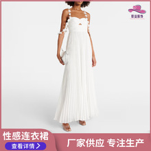 欧美无袖花朵吊带抹胸性感连衣裙高腰百褶婚礼晚礼服仙女连衣裙