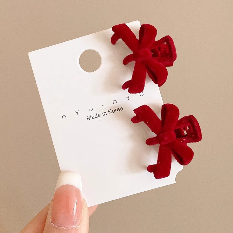 Rojo flocado lazo pequeño clip de agarre para mujer Año Nuevo Cabeza de princesa clip lateral flequillo clip de cabello roto tocado horquilla