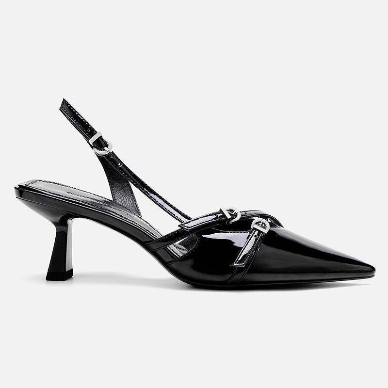 2025 Summer New Style Black Patent Leather Kitten Heel Sandals with Buckle, Closed-Toe Stiletto Heels, Pointed-Toe High Heels for Women