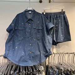 クロスボーダー2025夏欧米外国貿易婦人服カジュアルゆったりポケット半袖シャツデニム2点セット