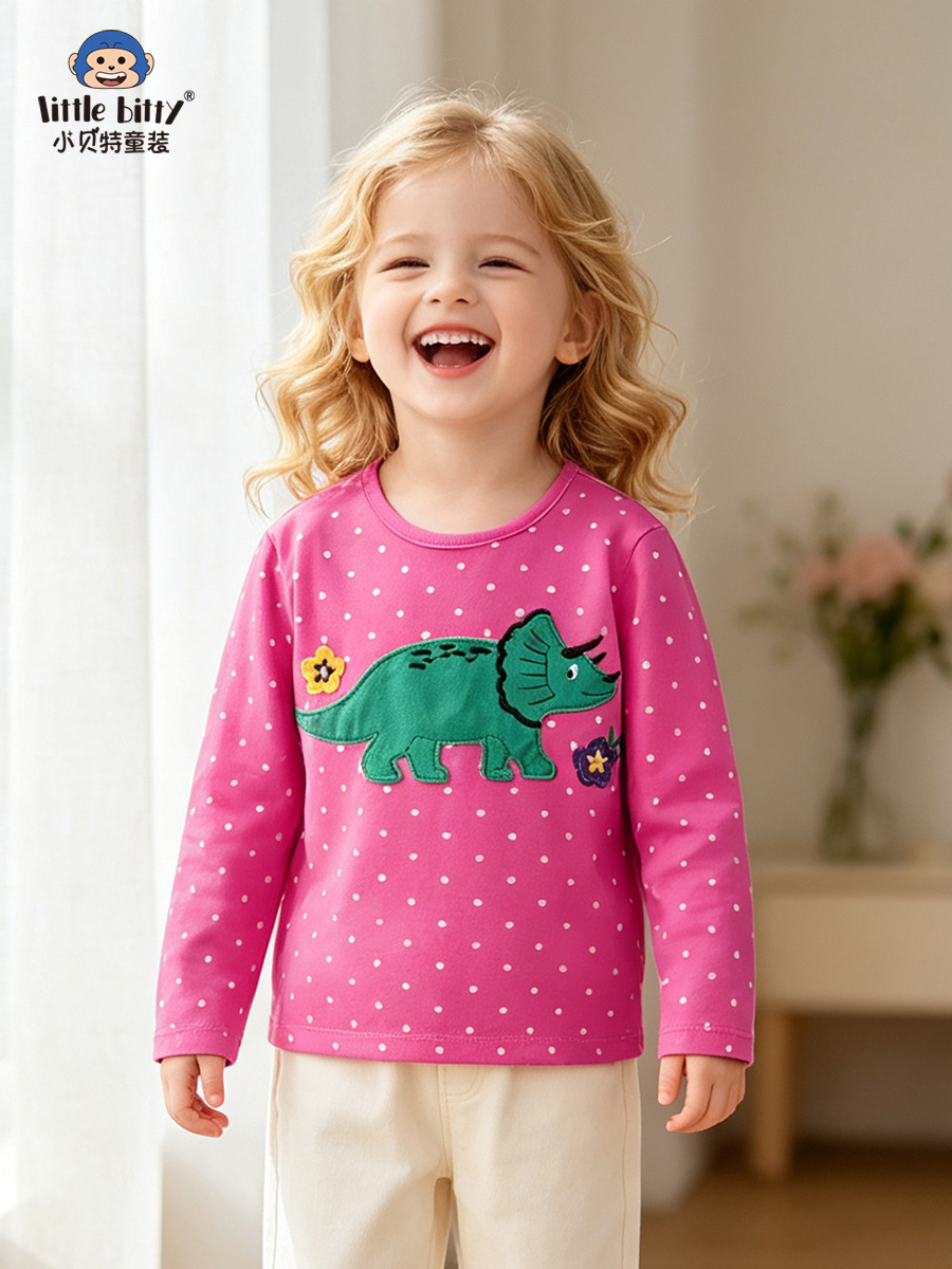 Casual and fashionable autumn 2026 girls' long-sleeve T-shirt with cartoon polka dot dinosaur embroidery, children's round-neck base shirt