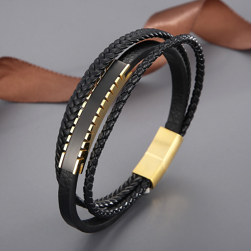 0.03µm Gold Plating Thickness Casual Simple Style Geometric Stainless Steel Cowhide Braid Men's Bangle Men Cord & Leather Bracelets