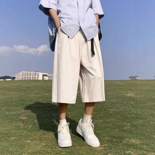 Summer 7/8 Length Men's Loose Oversize Japanese Knee-Length Shorts Streetwear Brand American Wide Leg Casual Versatile New Arrival
