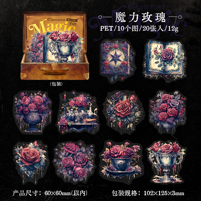 Bolsa de etiqueta de PET de estilo gótico transfronterizo Mojing misteriosa caja mágica serie retro Diario material 20 piezas en 6 tipos