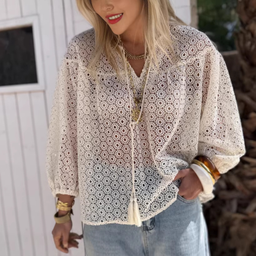 Bohemia comercio exterior transfronterizo ropa de mujer jacquard perspectiva camisa de manga larga femenina europea y americana blusa suelta francesa