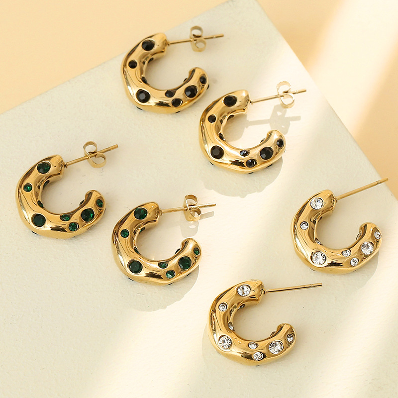 14g Weight Vacuum Plating Gold Plating Process 1 Pair Fashion C Shape Plating Inlay 304 Stainless Steel Zircon 16K Gold Plated White Gold Plated Gold Plated Hoop Earrings