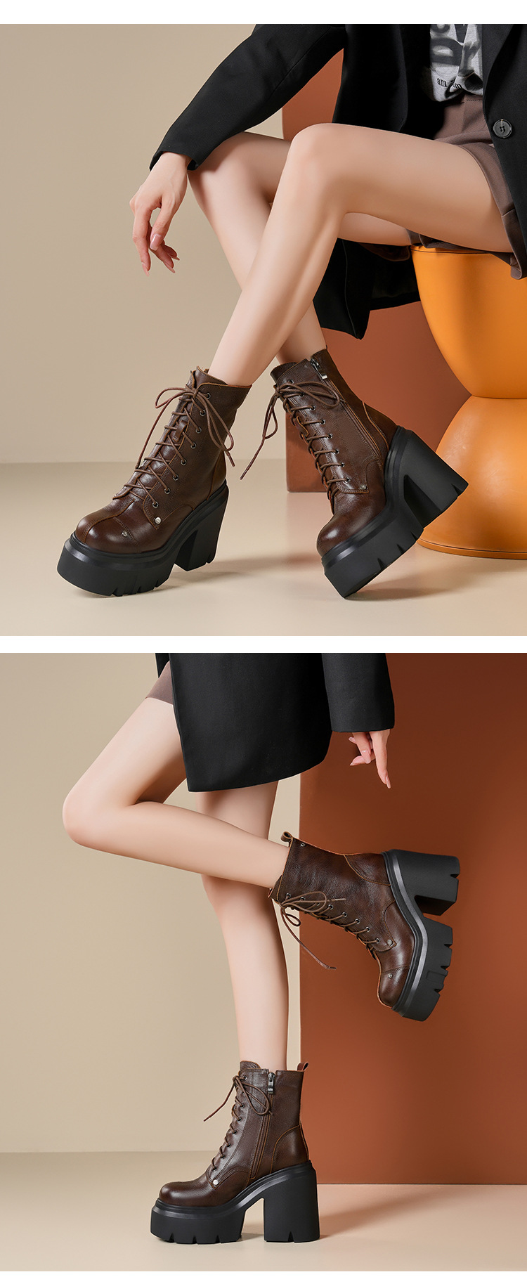 Boot nữ da mềm mũi tròn gót thô đế dày dây buộc — Lót nhung đen chi tiết 6