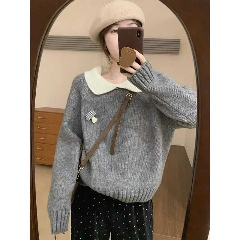 甜美可爱淑女风小翻领毛衣2025冬季新款韩版百搭休闲显瘦针织衫女