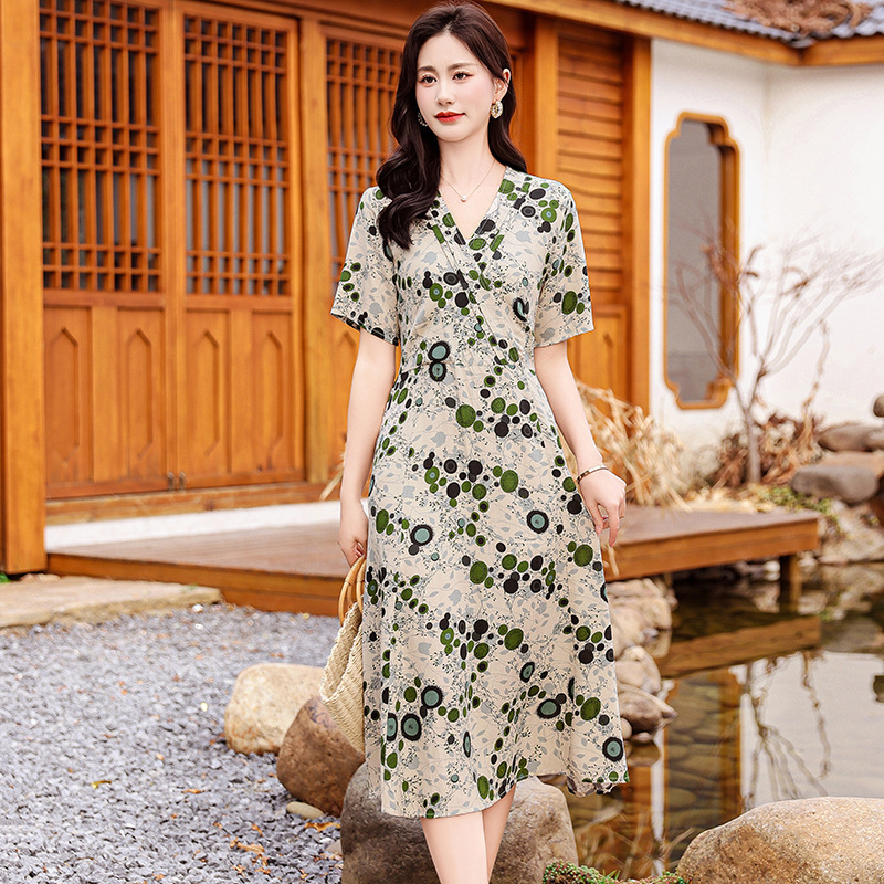 高端棉绸连衣裙新款夏季女妈妈时尚印花人造棉宽松大码外穿长裙子|undefined