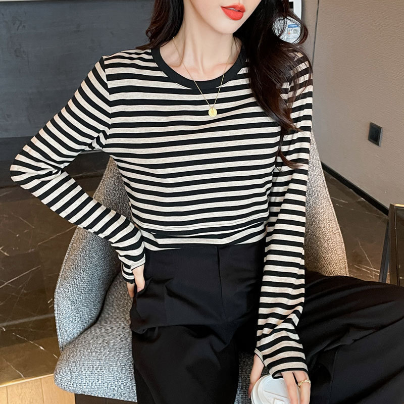 妊婦服秋冬保温授乳tシャツ産後月子期縞綿授乳底バッグ手袖上着|undefined