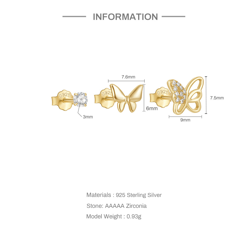 3g Weight Ear Studs Classification 1 Set Quantity Daily Occasion 925 Sterling Silver Material Star, Butterfly Pattern Women's Gender Plating Design Simple Style Style 1 Set 925 Sterling Silver Star Butterfly Ear Studs 7