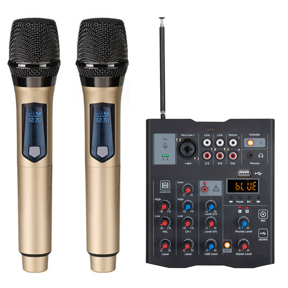 Pequeño MEZCLADOR DE MICRÓFONO INALÁMBRICO todo-en-uno de 4 vías de la computadora tarjeta de sonido de la guitarra efecto Bluetooth