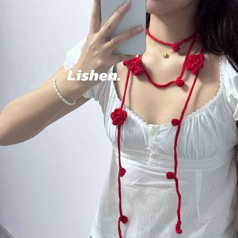 Red Rose Niche Handmade Narrow Long Belt Scarf Women's Y2K Niche Neck Accessories Necklace