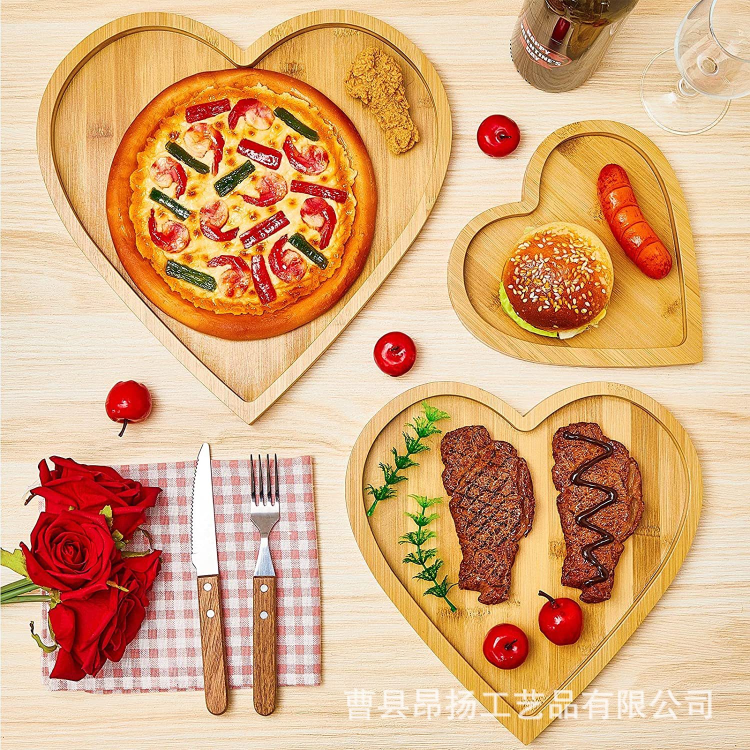 木制托盘3 件心形碗盘情人节木质浪漫饰品收纳盘珠宝展示食品木盘