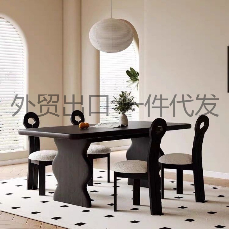 法式复古长方形实木餐桌椅侘寂风黑色长桌家用饭桌简约书桌工作台