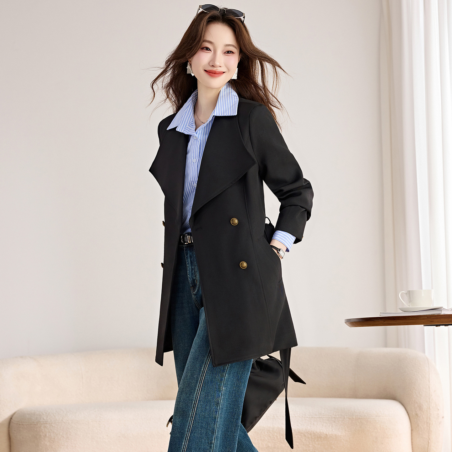 风衣外套女中长款2026秋冬新款小个子高级感超好看系带大衣YY2568