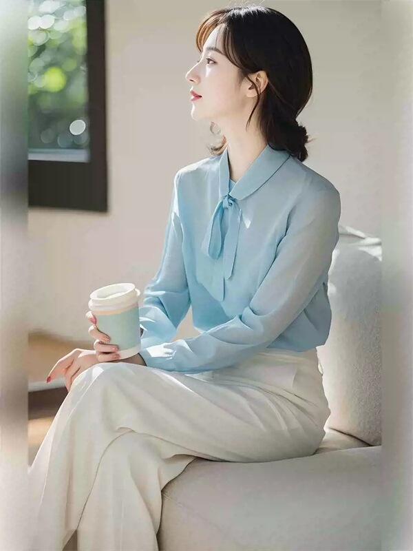 秋季新款韩风chic冷淡系独特别致蓝色衬衫裤子两件休闲职业女套装|undefined
