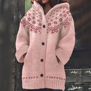European and American Amazon AliExpress Cross-border Elegant Warm Hooded All-match plus size Women's Knitted Sweater Cardigan