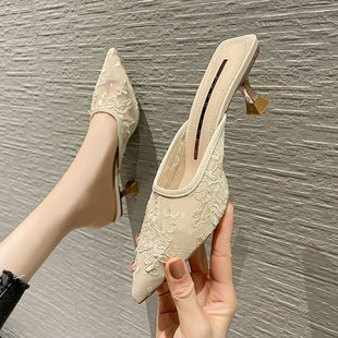 761-1 Korean Style Casual Embroidered Semi-high Heels Women's 2021 Spring and Summer New Pointed Stiletto Heel Empty Sandals