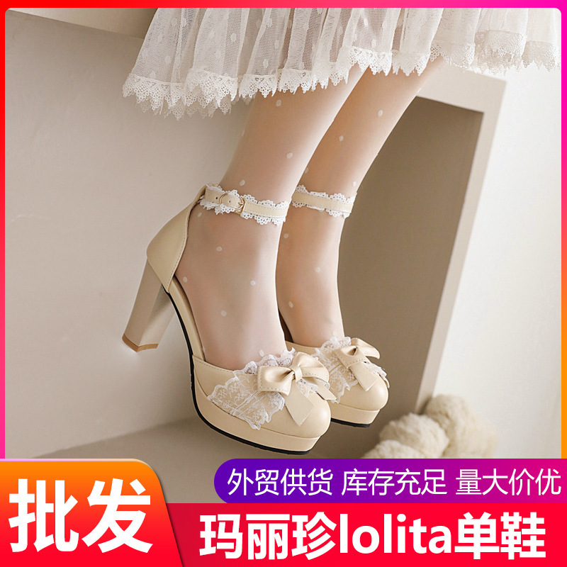 Cross-Border Foreign Trade Women's Lace Court-Style Leather Shoes, Cute Lolita Japanese Sweet Bowknot Chunky Heel Large Size Shoes