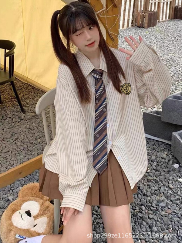 学院风jk制服套装条纹衬衫女春秋2025新款长袖衬衣设计感小众上衣|undefined
