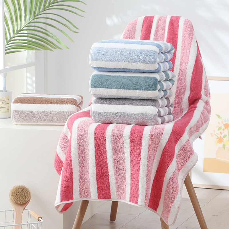 High density coral fleece bath towel large wide strip bath towel thickened absorbent striped towel adult household beach towel wholesale