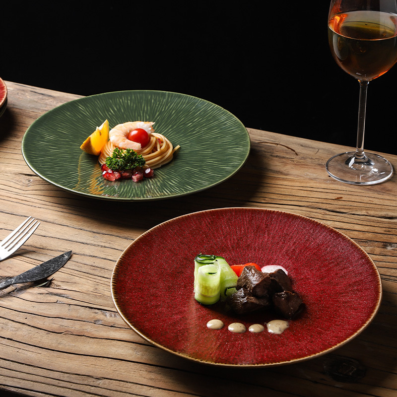 Kiln Change Japanese Style Vintage Ceramic Pendulum Plate Restaurant Hotel Advanced Personalized Western Food Plate Steak Plate Ceramic Shallow Plate