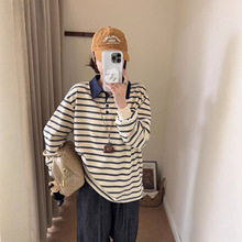 韩代polo领牛仔拼接条纹长袖T恤女秋季新款宽松百搭美式复古上衣