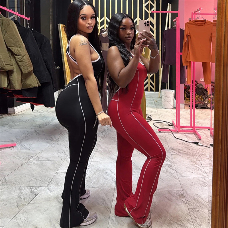 Women's Backless Slim-Fit Yoga Jumpsuit - High Waist Tummy Control Workout Bodysuit With Contrast Color Design For Summer_voghion.com