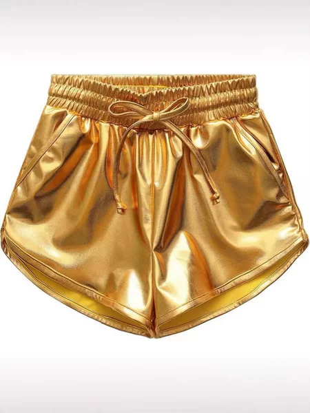 Cross-Border Girls' Metallic Patent Leather Shorts, Drawstring Elastic Waist Sports Hot Pants, Dance Yoga Shiny Leather Shorts