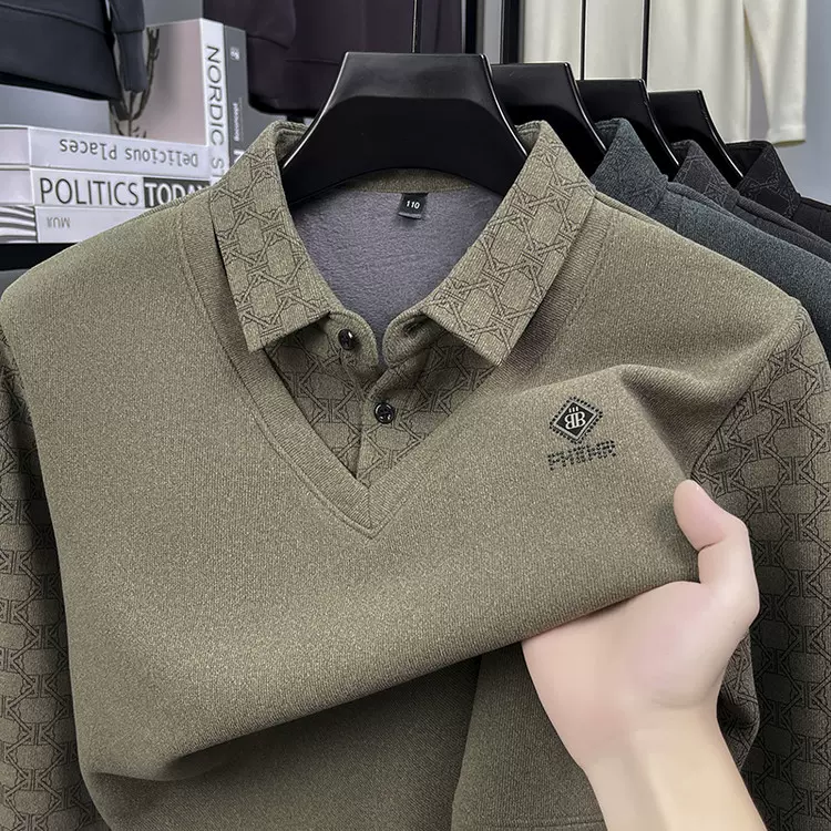 假两件POLO衫毛衣男士加绒加厚衬衫领含羊毛上衣秋冬装内搭打底衫