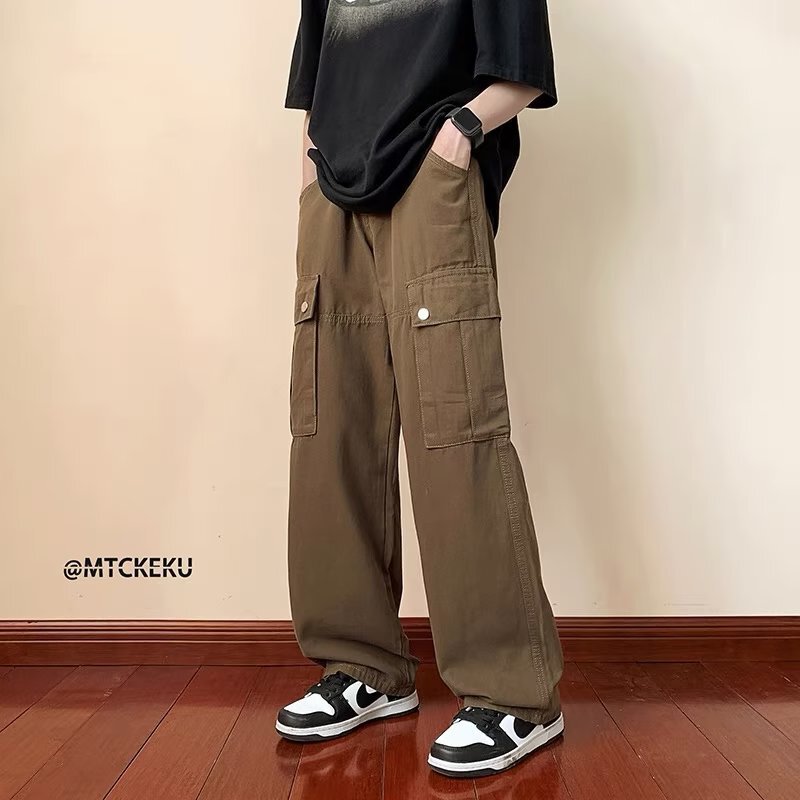 Pure Cotton Brown Cargo Pants for Men, Spring and Autumn Style, Vintage Loose Casual Pants, Cityboy Straight-Leg Pants, Retro Trend