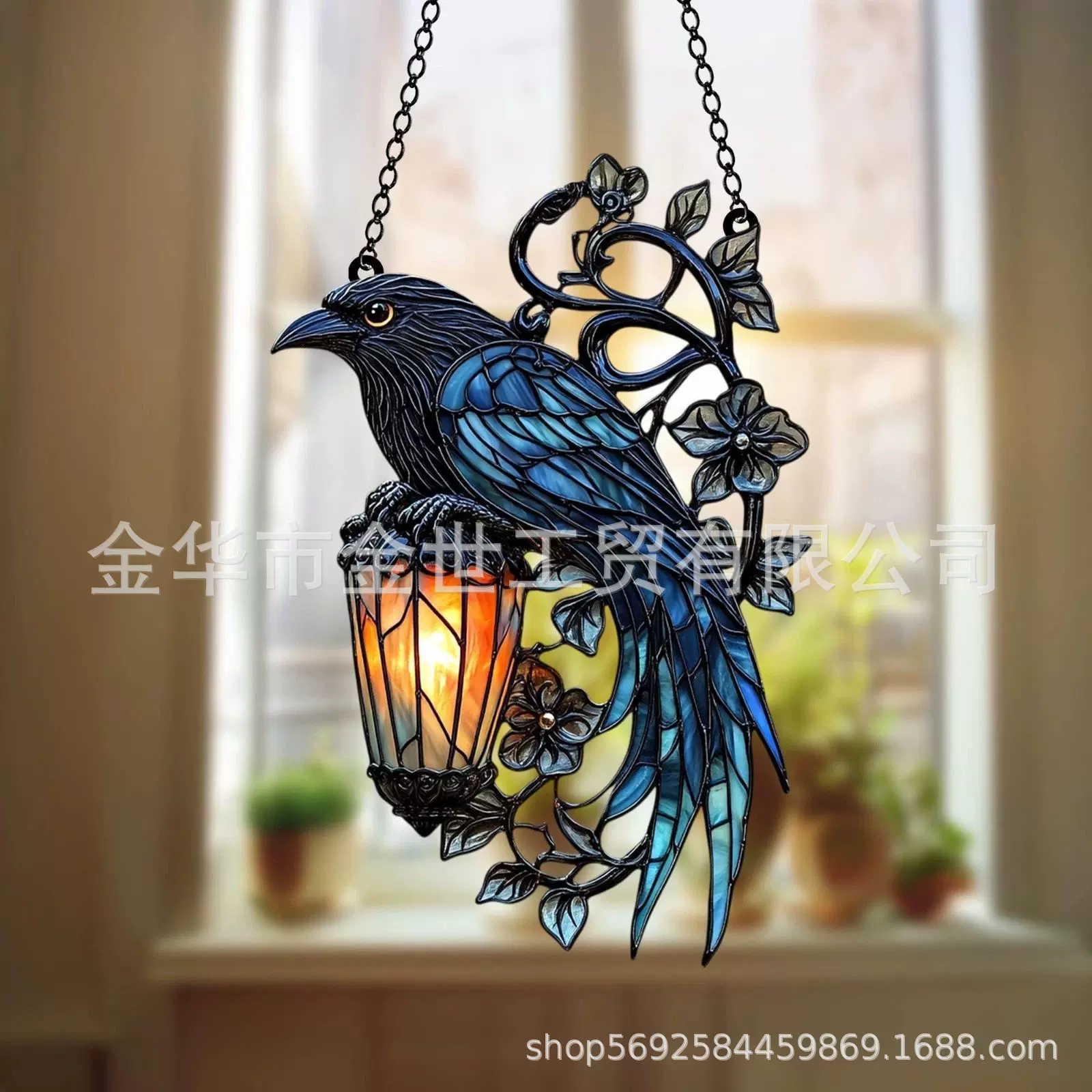 Raven Stained Glass 渡鸦彩绘玻璃灯笼哥特式吊灯乌鸦灯万圣节装