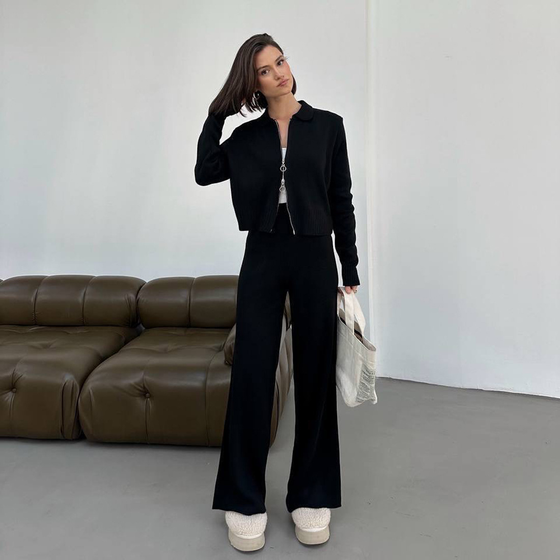 Women's Knitted Sweater And Wide-leg Pants Set Loungewear_voghion.com