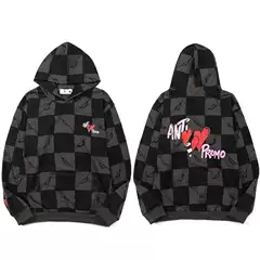 2025 Cross-Border American High Street Black Grey Checkered Heart Hoodie Unisex Trendy Casual Loose Hooded Sweatshirt
