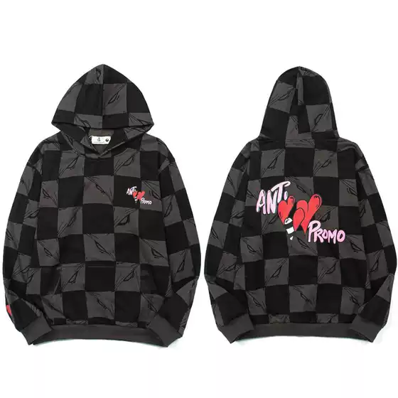 2025 Cross-Border American High Street Black Grey Checkered Heart Hoodie Unisex Trendy Casual Loose Hooded Sweatshirt