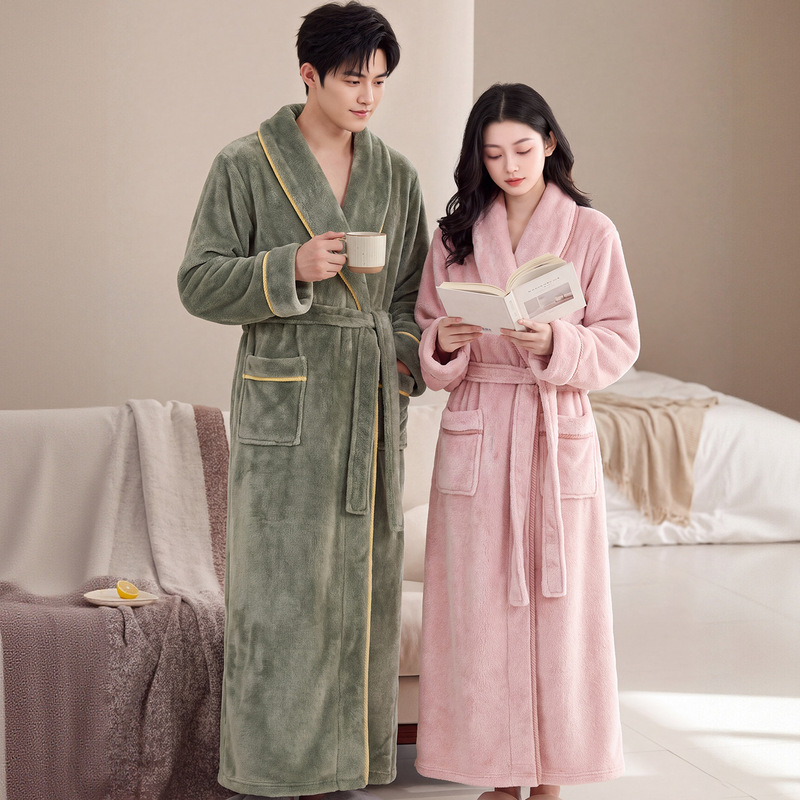Double-sided thickened bathrobe, 2026 autumn/winter new collection, winter coral fleece bathrobe for men and women, extra-long flannel bathrobe for couples