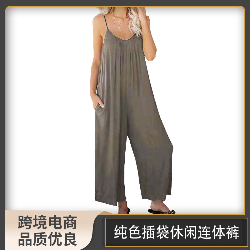 Amazon europeo y americano Correa mono mujer 2022 verano nuevo comercio exterior transfronterizo color sólido bolsillo casual mono image 2