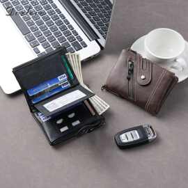 新款男士短款钱包日韩复古双拉链大钞夹零钱包纯色横款多卡位钱夹